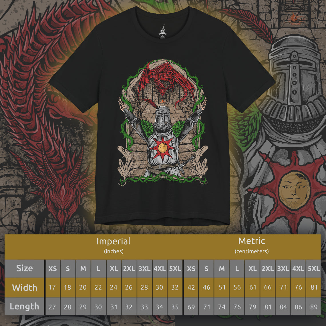 Size chart of a T-shirt featuring Solaire of Astora from Dark Souls, the ever-hopeful knight on a quest to find his own sun. Clad in distinct armor bearing the radiant sun emblem, Solaire stands as a symbol of jolly cooperation in a bleak world. This design captures his iconic pose—arms raised in joyful praise beneath a golden sky.
