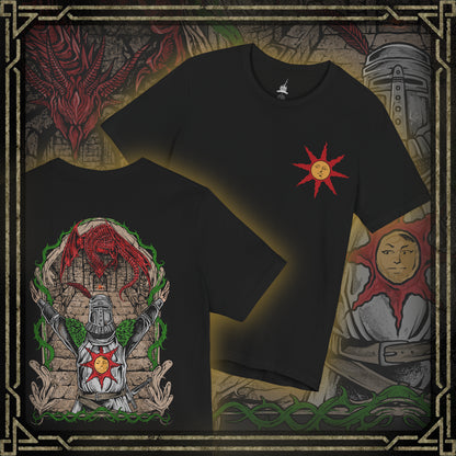 Thumbnail of a T-shirt featuring Solaire of Astora from Dark Souls, the ever-hopeful knight on a quest to find his own sun. Clad in distinct armor bearing the radiant sun emblem, Solaire stands as a symbol of jolly cooperation in a bleak world. This design captures his iconic pose—arms raised in joyful praise beneath a golden sky.