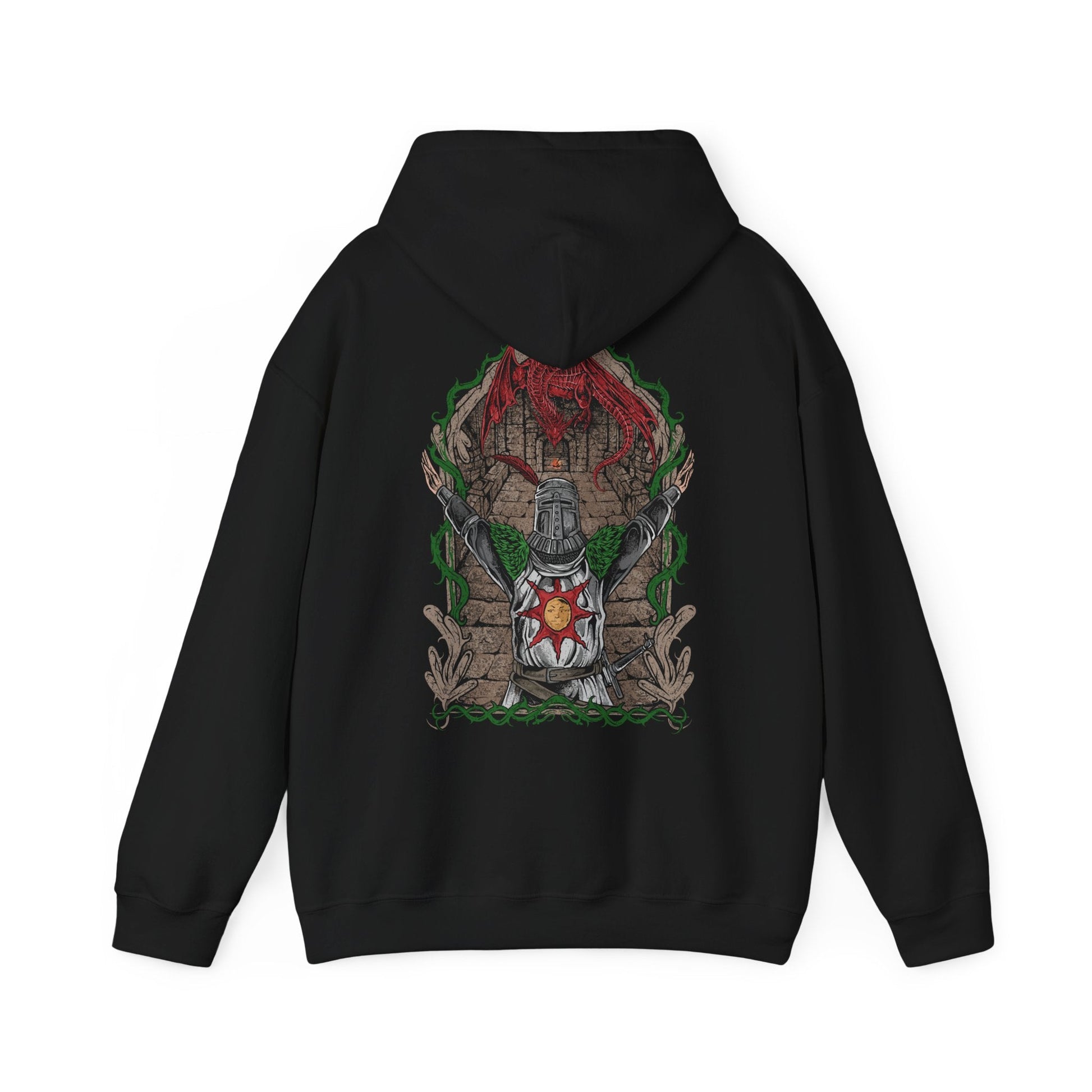 Image 5 of a Hooded Sweatshirt showcasing the legendary Solaire of Astora, one of the most beloved characters in Dark Souls. A Warrior of Sunlight and beacon of camaraderie, his glowing sun sigil and knightly armor are instantly recognizable. This artwork pays tribute to his unwavering optimism and the iconic phrase, Praise the Sun!