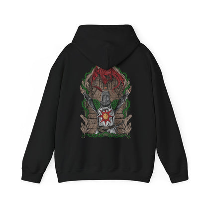 Image 5 of a Hooded Sweatshirt showcasing the legendary Solaire of Astora, one of the most beloved characters in Dark Souls. A Warrior of Sunlight and beacon of camaraderie, his glowing sun sigil and knightly armor are instantly recognizable. This artwork pays tribute to his unwavering optimism and the iconic phrase, Praise the Sun!