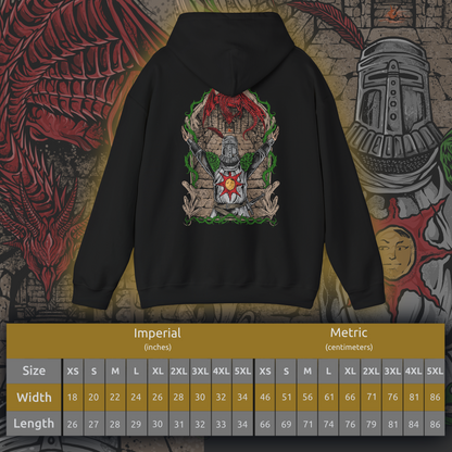 Size chart of a Hooded Sweatshirt showcasing the legendary Solaire of Astora, one of the most beloved characters in Dark Souls. A Warrior of Sunlight and beacon of camaraderie, his glowing sun sigil and knightly armor are instantly recognizable. This artwork pays tribute to his unwavering optimism and the iconic phrase, Praise the Sun!