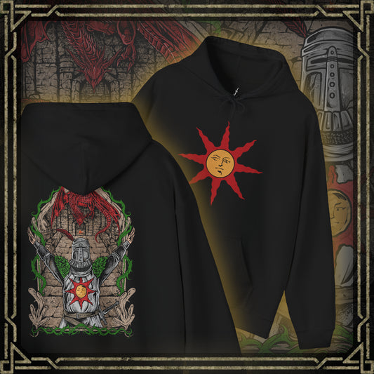 Thumbnail of a Hooded Sweatshirt showcasing the legendary Solaire of Astora, one of the most beloved characters in Dark Souls. A Warrior of Sunlight and beacon of camaraderie, his glowing sun sigil and knightly armor are instantly recognizable. This artwork pays tribute to his unwavering optimism and the iconic phrase, Praise the Sun!