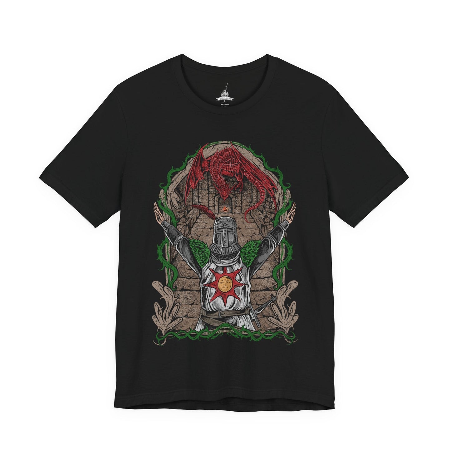 Image 4 of a T-shirt featuring Solaire of Astora from Dark Souls, the ever-optimistic warrior whose quest for the sun mirrors humanity’s search for purpose. His devotion and courage stand against the curse of the Undead. This design celebrates his legendary “Praise the Sun” gesture and his enduring legacy as one of gaming’s most inspiring figures.
