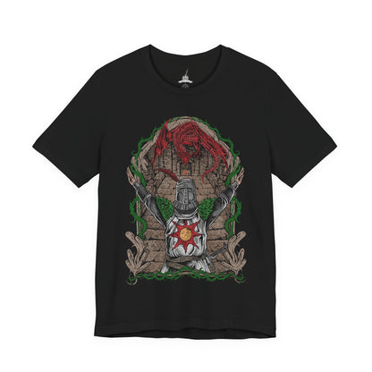 Image 4 of a T-shirt featuring Solaire of Astora from Dark Souls, the ever-optimistic warrior whose quest for the sun mirrors humanity’s search for purpose. His devotion and courage stand against the curse of the Undead. This design celebrates his legendary “Praise the Sun” gesture and his enduring legacy as one of gaming’s most inspiring figures.