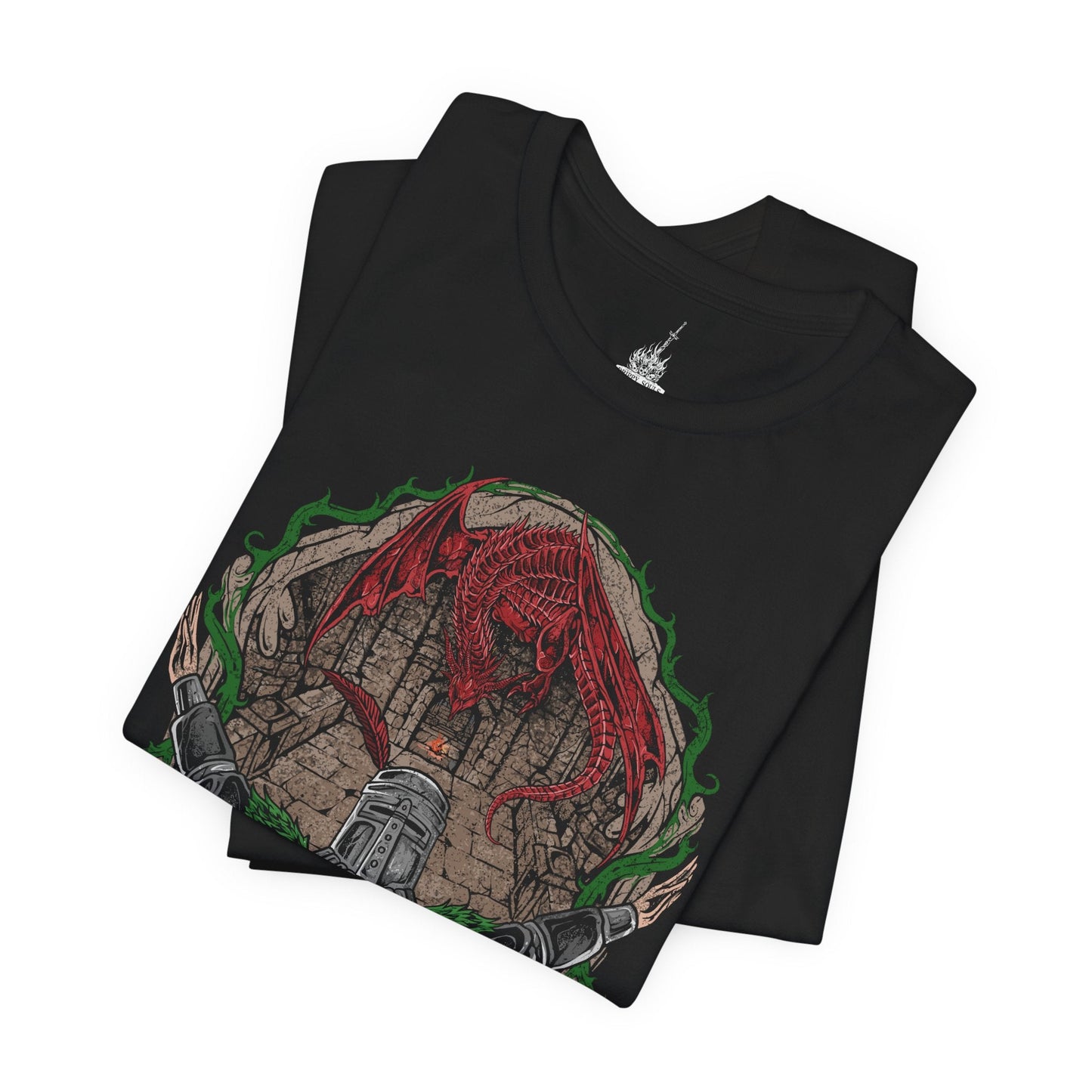Image 5 of a T-shirt featuring Solaire of Astora from Dark Souls, the ever-optimistic warrior whose quest for the sun mirrors humanity’s search for purpose. His devotion and courage stand against the curse of the Undead. This design celebrates his legendary “Praise the Sun” gesture and his enduring legacy as one of gaming’s most inspiring figures.