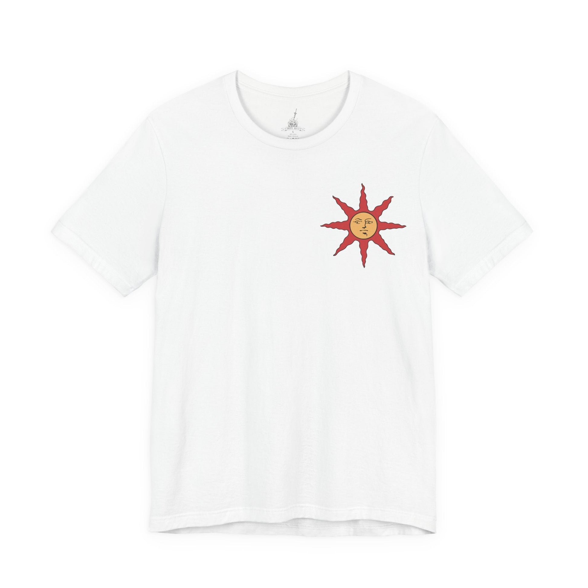 Image 4 of a T-shirt showcasing Solaire of Astora, the sun-praising warrior from Dark Souls who aids the Chosen Undead in battle. Donning his distinct sun-emblazoned tabard and helm, Solaire is a beacon of camaraderie in Lordran’s bleak landscape. This artwork celebrates his unwavering spirit and legendary status among fans.