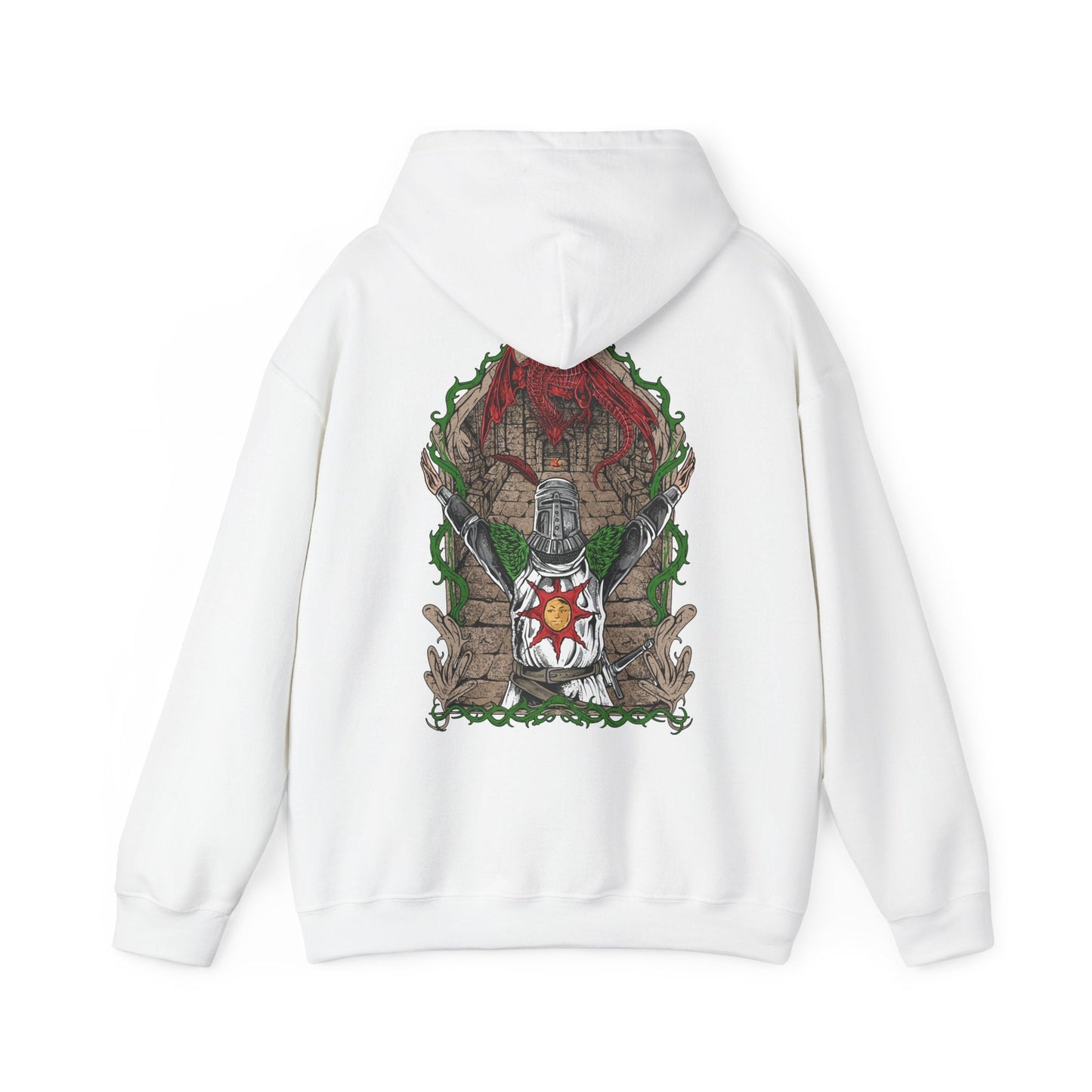 Image 5 of a Hooded Sweatshirt featuring Solaire of Astora from Dark Souls with his iconic Praise the Sun pose, capturing his hopeful spirit and dedication to the sunlight, perfect for fans who celebrate the optimism and camaraderie of this beloved warrior.
