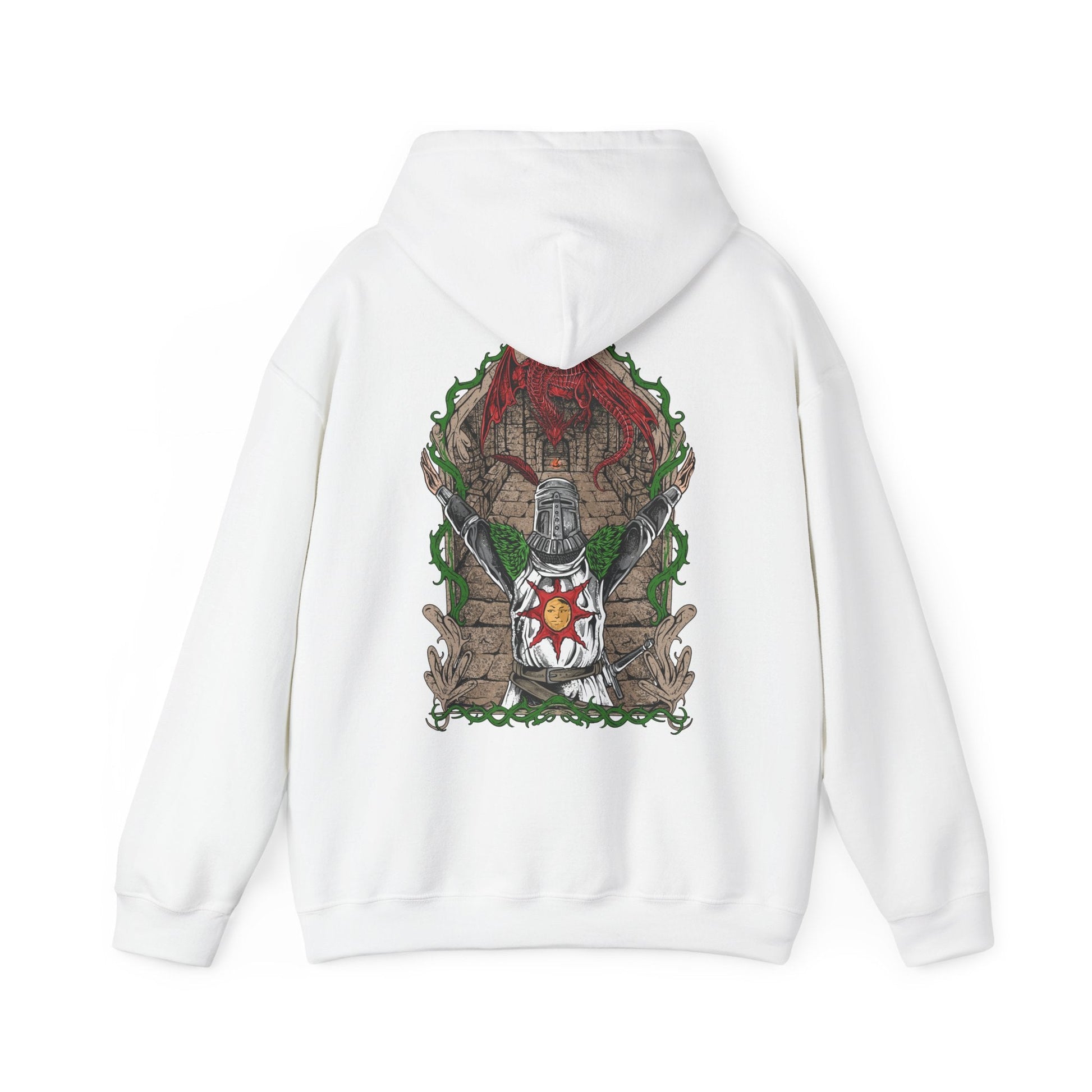 Image 5 of a Hooded Sweatshirt featuring Solaire of Astora from Dark Souls with his iconic Praise the Sun pose, capturing his hopeful spirit and dedication to the sunlight, perfect for fans who celebrate the optimism and camaraderie of this beloved warrior.