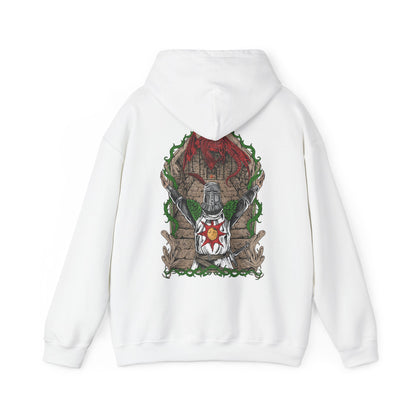 Image 5 of a Hooded Sweatshirt featuring Solaire of Astora from Dark Souls with his iconic Praise the Sun pose, capturing his hopeful spirit and dedication to the sunlight, perfect for fans who celebrate the optimism and camaraderie of this beloved warrior.
