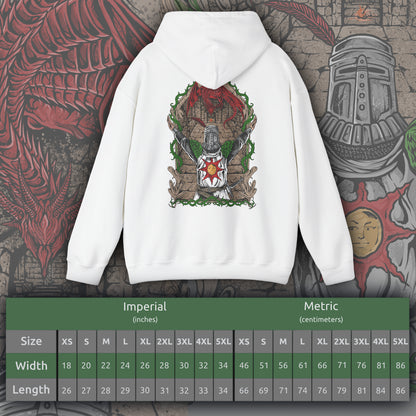 Size chart of a Hooded Sweatshirt featuring Solaire of Astora from Dark Souls with his iconic Praise the Sun pose, capturing his hopeful spirit and dedication to the sunlight, perfect for fans who celebrate the optimism and camaraderie of this beloved warrior.