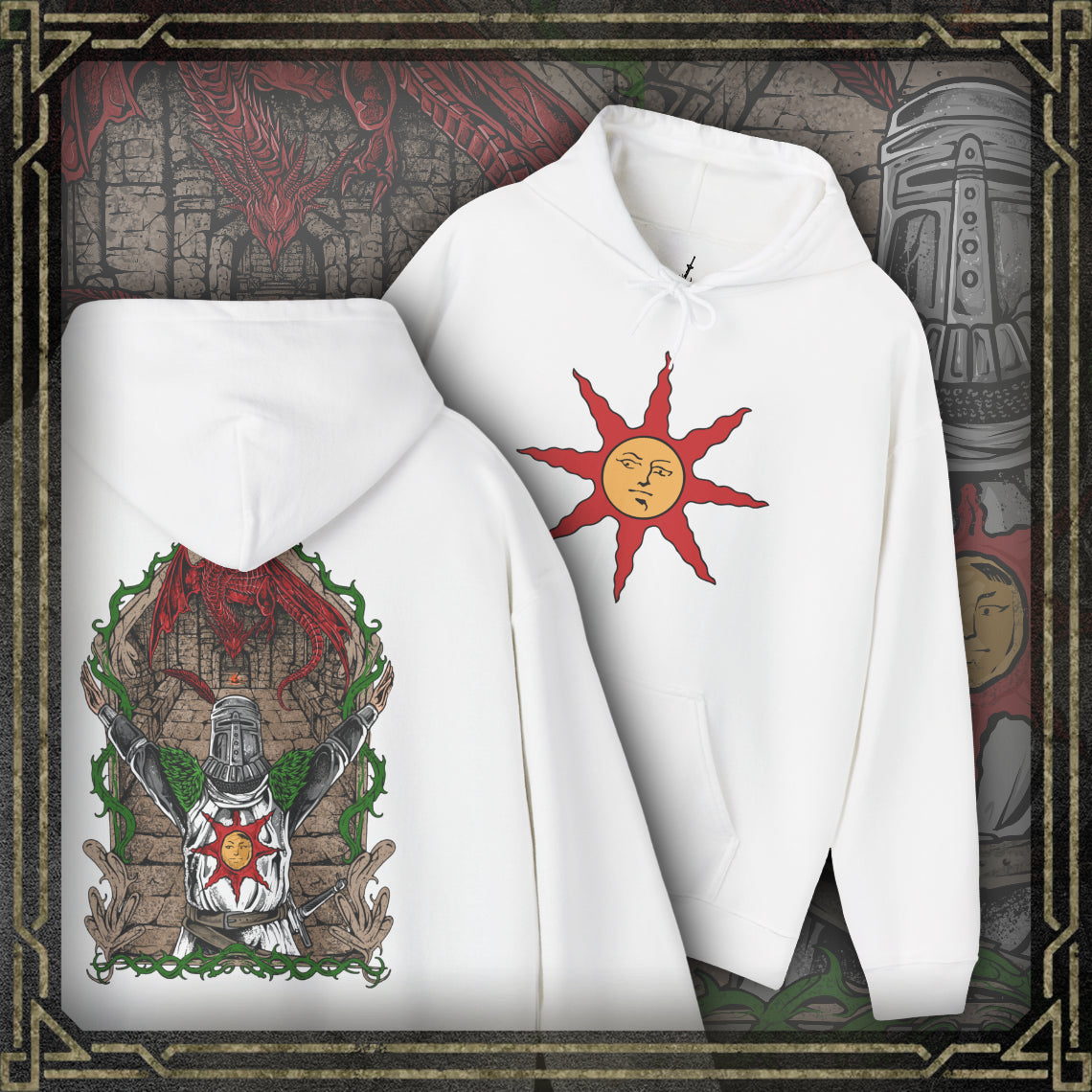 Thumbnail of a Hooded Sweatshirt featuring Solaire of Astora from Dark Souls with his iconic Praise the Sun pose, capturing his hopeful spirit and dedication to the sunlight, perfect for fans who celebrate the optimism and camaraderie of this beloved warrior.