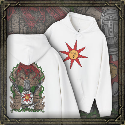 Thumbnail of a Hooded Sweatshirt featuring Solaire of Astora from Dark Souls with his iconic Praise the Sun pose, capturing his hopeful spirit and dedication to the sunlight, perfect for fans who celebrate the optimism and camaraderie of this beloved warrior.