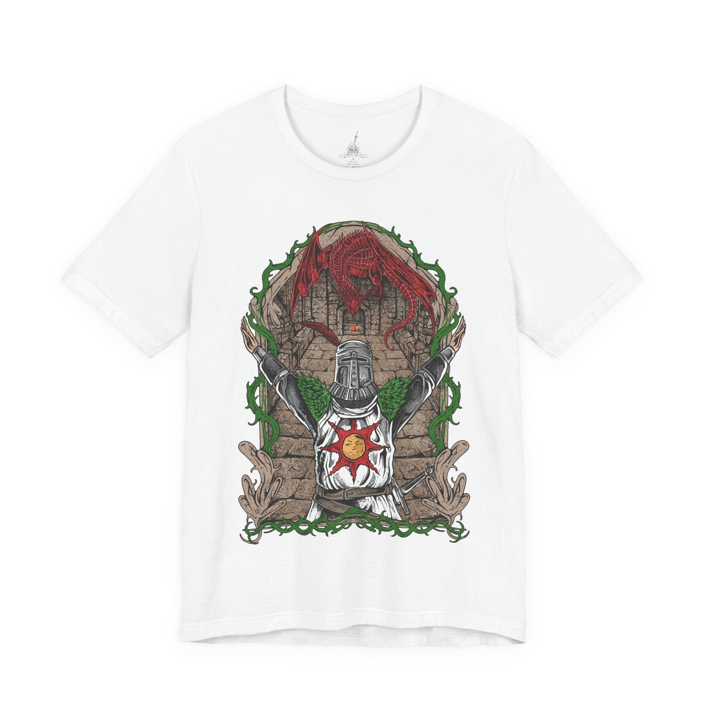 Image 4 of a T-shirt featuring Solaire of Astora from Dark Souls, the beloved knight in shining armor who seeks his very own sun. Known for his radiant optimism and the iconic phrase “Praise the Sun,” Solaire stands as a symbol of jolly cooperation in a world of darkness. This design captures his signature pose, embodying hope, loyalty, and light.