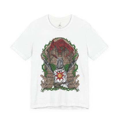 Image 4 of a T-shirt featuring Solaire of Astora from Dark Souls, the beloved knight in shining armor who seeks his very own sun. Known for his radiant optimism and the iconic phrase “Praise the Sun,” Solaire stands as a symbol of jolly cooperation in a world of darkness. This design captures his signature pose, embodying hope, loyalty, and light.
