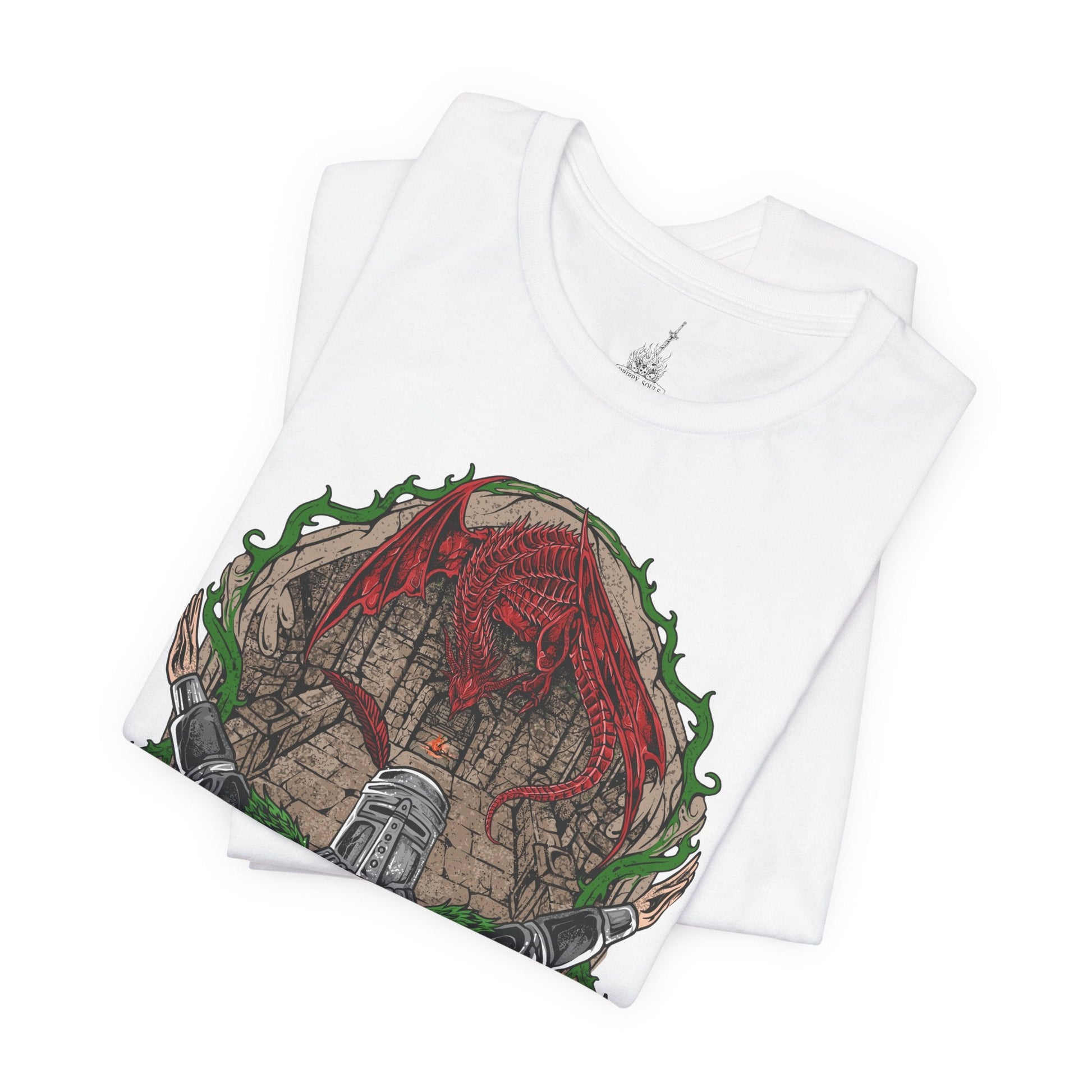 Image 5 of a T-shirt featuring Solaire of Astora from Dark Souls, the beloved knight in shining armor who seeks his very own sun. Known for his radiant optimism and the iconic phrase “Praise the Sun,” Solaire stands as a symbol of jolly cooperation in a world of darkness. This design captures his signature pose, embodying hope, loyalty, and light.