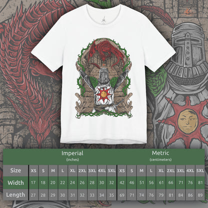 Size chart of a T-shirt featuring Solaire of Astora from Dark Souls, the beloved knight in shining armor who seeks his very own sun. Known for his radiant optimism and the iconic phrase “Praise the Sun,” Solaire stands as a symbol of jolly cooperation in a world of darkness. This design captures his signature pose, embodying hope, loyalty, and light.