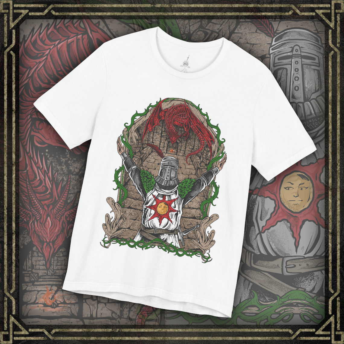 Thumbnail of a T-shirt featuring Solaire of Astora from Dark Souls, the beloved knight in shining armor who seeks his very own sun. Known for his radiant optimism and the iconic phrase “Praise the Sun,” Solaire stands as a symbol of jolly cooperation in a world of darkness. This design captures his signature pose, embodying hope, loyalty, and light.
