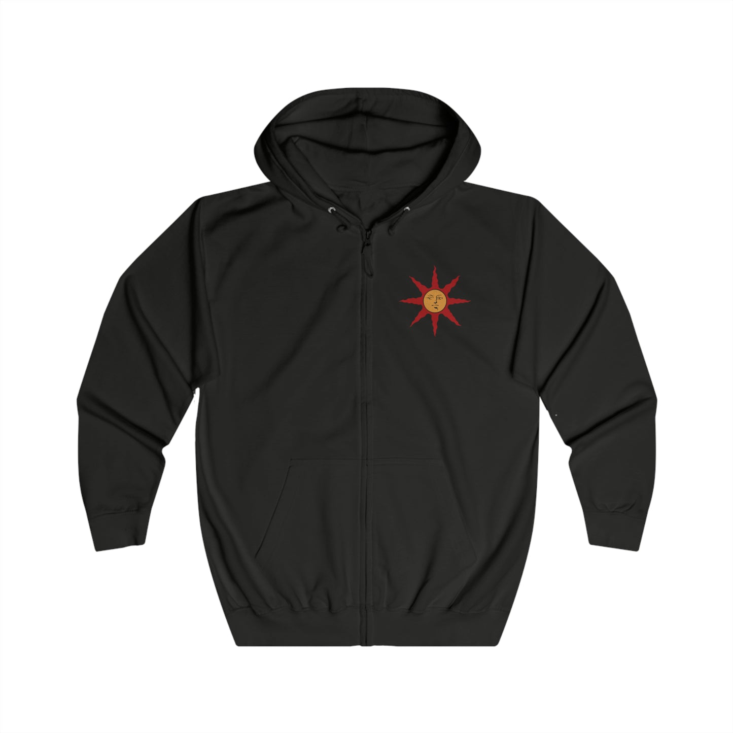 Image 4 of a Zip-up Hooded Sweatshirt featuring Solaire of Astora from Dark Souls, the noble Warrior of Sunlight who seeks his own sun in a world consumed by darkness. With radiant faith and unyielding optimism, Solaire stands as a symbol of hope amid despair. This design captures his iconic praise-the-sun pose, celebrating camaraderie, perseverance, and the light within every Undead.