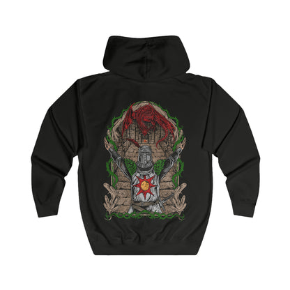 Folded Zip-up Hooded Sweatshirt featuring Solaire of Astora from Dark Souls, the noble Warrior of Sunlight who seeks his own sun in a world consumed by darkness. With radiant faith and unyielding optimism, Solaire stands as a symbol of hope amid despair. This design captures his iconic praise-the-sun pose, celebrating camaraderie, perseverance, and the light within every Undead.