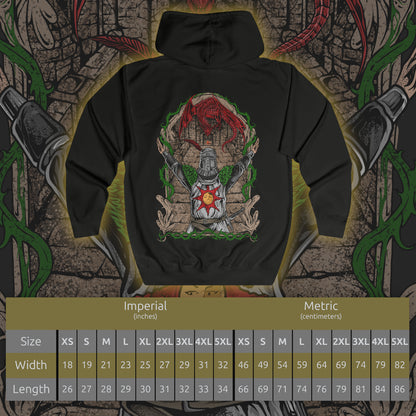 Size chart of a Zip-up Hooded Sweatshirt featuring Solaire of Astora from Dark Souls, the noble Warrior of Sunlight who seeks his own sun in a world consumed by darkness. With radiant faith and unyielding optimism, Solaire stands as a symbol of hope amid despair. This design captures his iconic praise-the-sun pose, celebrating camaraderie, perseverance, and the light within every Undead.