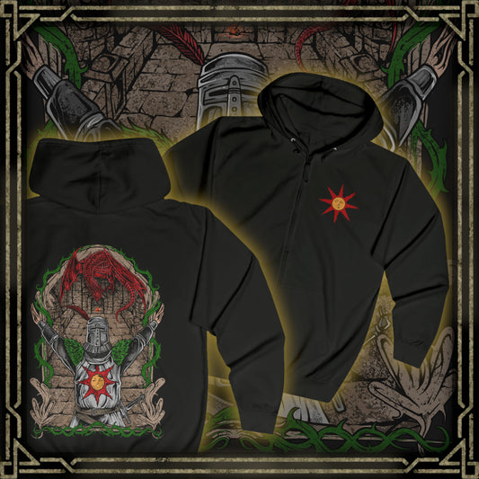 Thumbnail of a Zip-up Hooded Sweatshirt featuring Solaire of Astora from Dark Souls, the noble Warrior of Sunlight who seeks his own sun in a world consumed by darkness. With radiant faith and unyielding optimism, Solaire stands as a symbol of hope amid despair. This design captures his iconic praise-the-sun pose, celebrating camaraderie, perseverance, and the light within every Undead.
