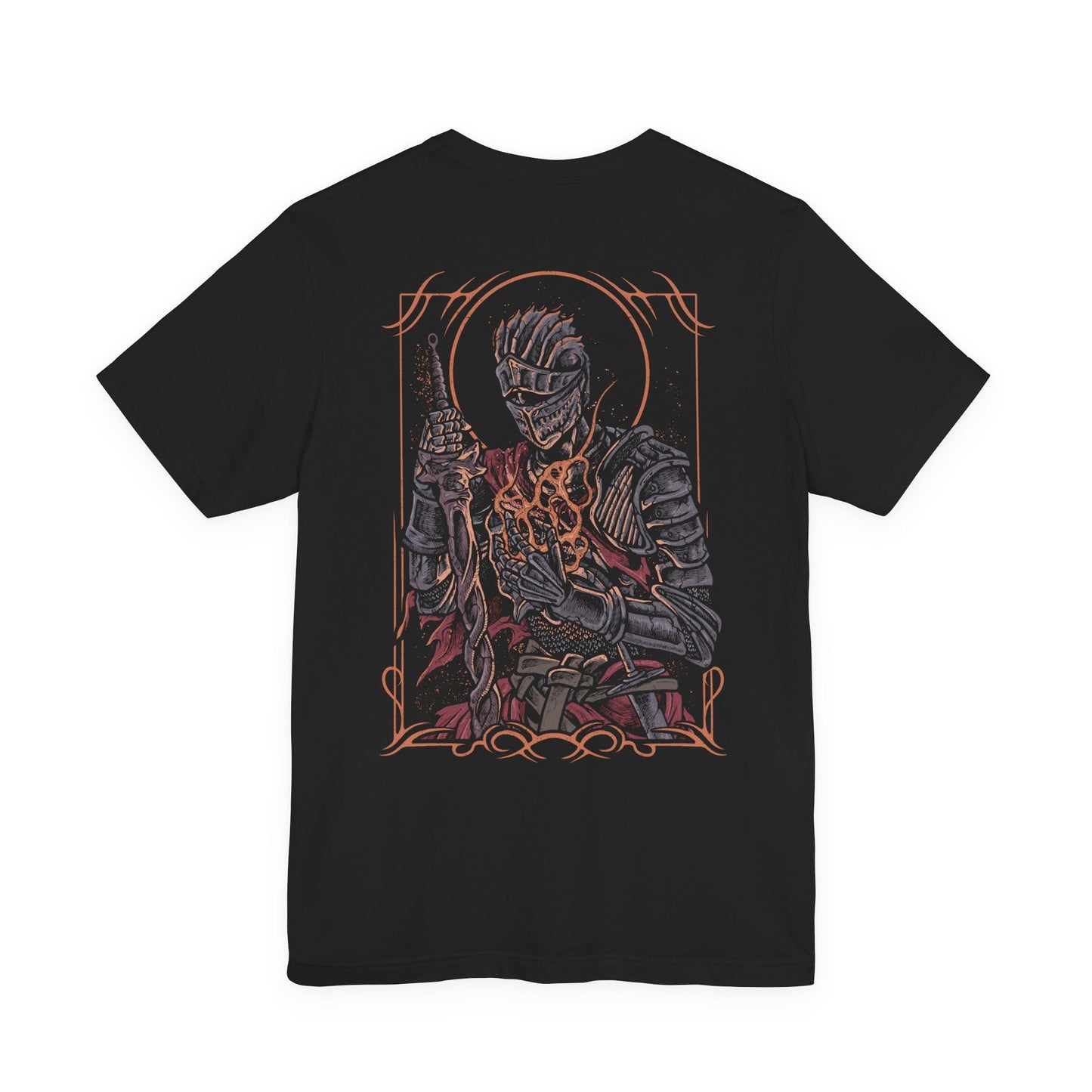 Image 5 of a T-shirt artwork depicting the Soul of Cinder wreathed in flame at the heart of the First Flame’s remains, cracked armor glowing with molten fissures. As it transitions into Gwyn’s fiery combat style, lightning and fire erupt around the ashen battlefield. This design reflects legacy, sacrifice, and the cyclical nature of linking the flame that defines the Dark Souls saga.