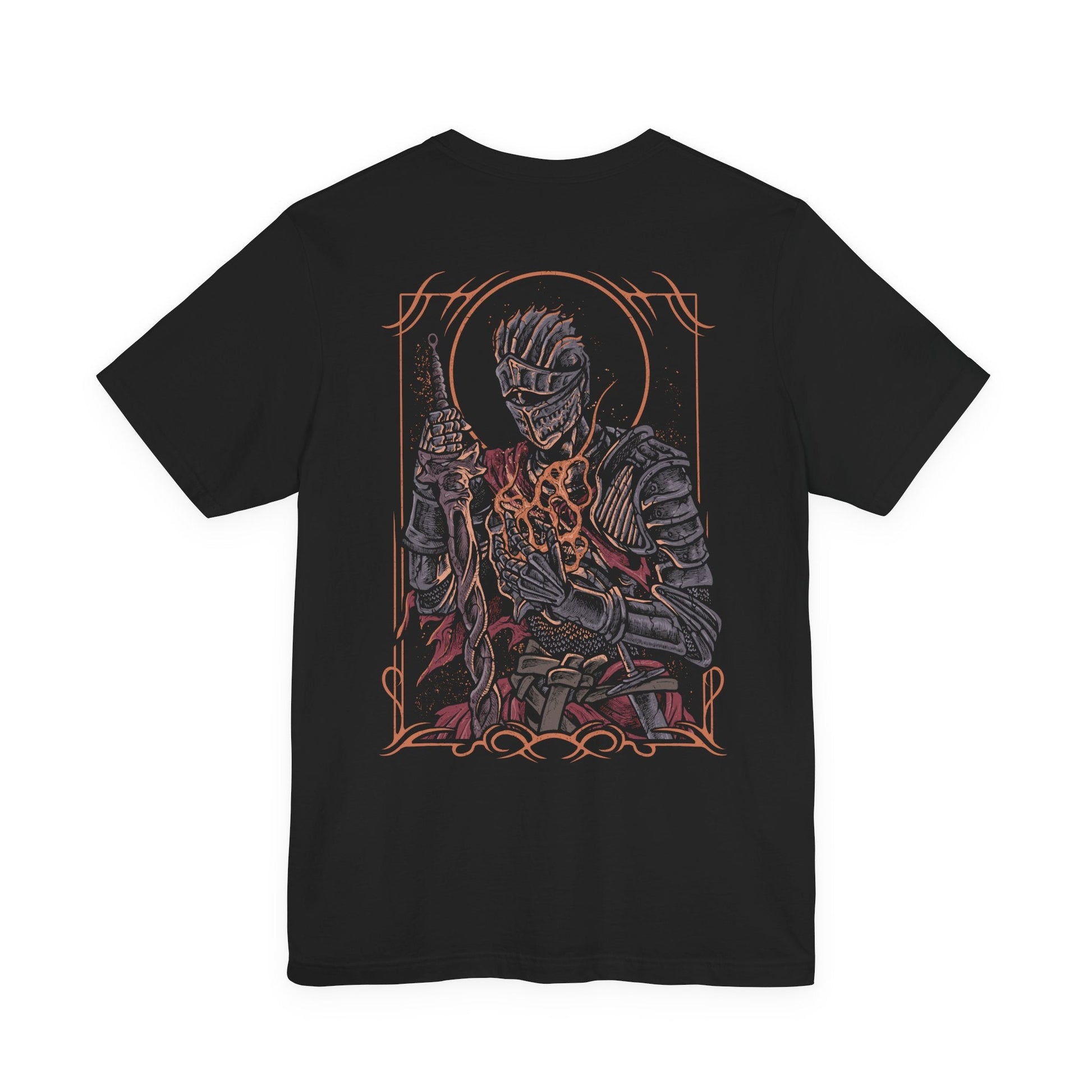 Image 5 of a T-shirt artwork depicting the Soul of Cinder wreathed in flame at the heart of the First Flame’s remains, cracked armor glowing with molten fissures. As it transitions into Gwyn’s fiery combat style, lightning and fire erupt around the ashen battlefield. This design reflects legacy, sacrifice, and the cyclical nature of linking the flame that defines the Dark Souls saga.