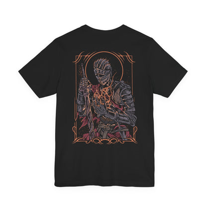 Image 5 of a T-shirt artwork depicting the Soul of Cinder wreathed in flame at the heart of the First Flame’s remains, cracked armor glowing with molten fissures. As it transitions into Gwyn’s fiery combat style, lightning and fire erupt around the ashen battlefield. This design reflects legacy, sacrifice, and the cyclical nature of linking the flame that defines the Dark Souls saga.