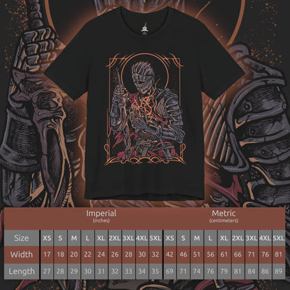 Size chart of a T-shirt artwork depicting the Soul of Cinder wreathed in flame at the heart of the First Flame’s remains, cracked armor glowing with molten fissures. As it transitions into Gwyn’s fiery combat style, lightning and fire erupt around the ashen battlefield. This design reflects legacy, sacrifice, and the cyclical nature of linking the flame that defines the Dark Souls saga.