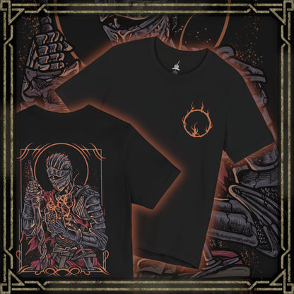 Thumbnail of a T-shirt artwork depicting the Soul of Cinder wreathed in flame at the heart of the First Flame’s remains, cracked armor glowing with molten fissures. As it transitions into Gwyn’s fiery combat style, lightning and fire erupt around the ashen battlefield. This design reflects legacy, sacrifice, and the cyclical nature of linking the flame that defines the Dark Souls saga.