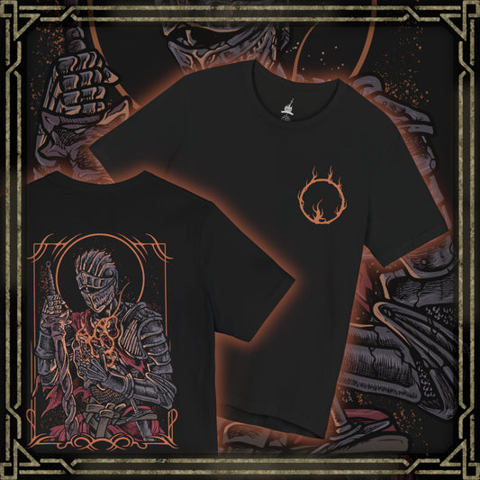 Thumbnail of a T-shirt artwork depicting the Soul of Cinder wreathed in flame at the heart of the First Flame’s remains, cracked armor glowing with molten fissures. As it transitions into Gwyn’s fiery combat style, lightning and fire erupt around the ashen battlefield. This design reflects legacy, sacrifice, and the cyclical nature of linking the flame that defines the Dark Souls saga.