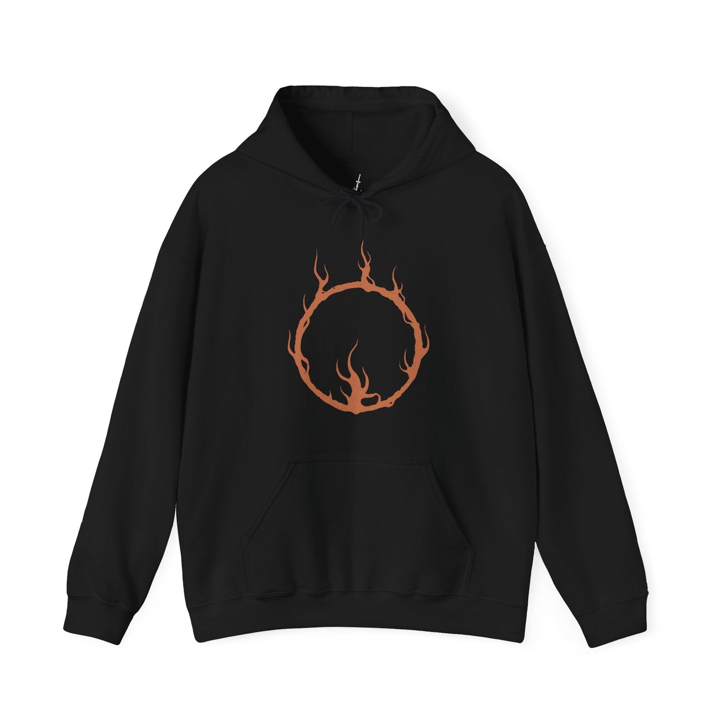 Image 4 of a Hooded Sweatshirt illustration of the Soul of Cinder advancing across the Kiln’s scorched landscape, blade blazing with fire while storms gather overhead. The fused essence of past champions radiates from its burning form, symbolizing the final guardian of the First Flame. The composition emphasizes destiny, despair, and the ultimate trial awaiting the Ashen One at the world’s end.