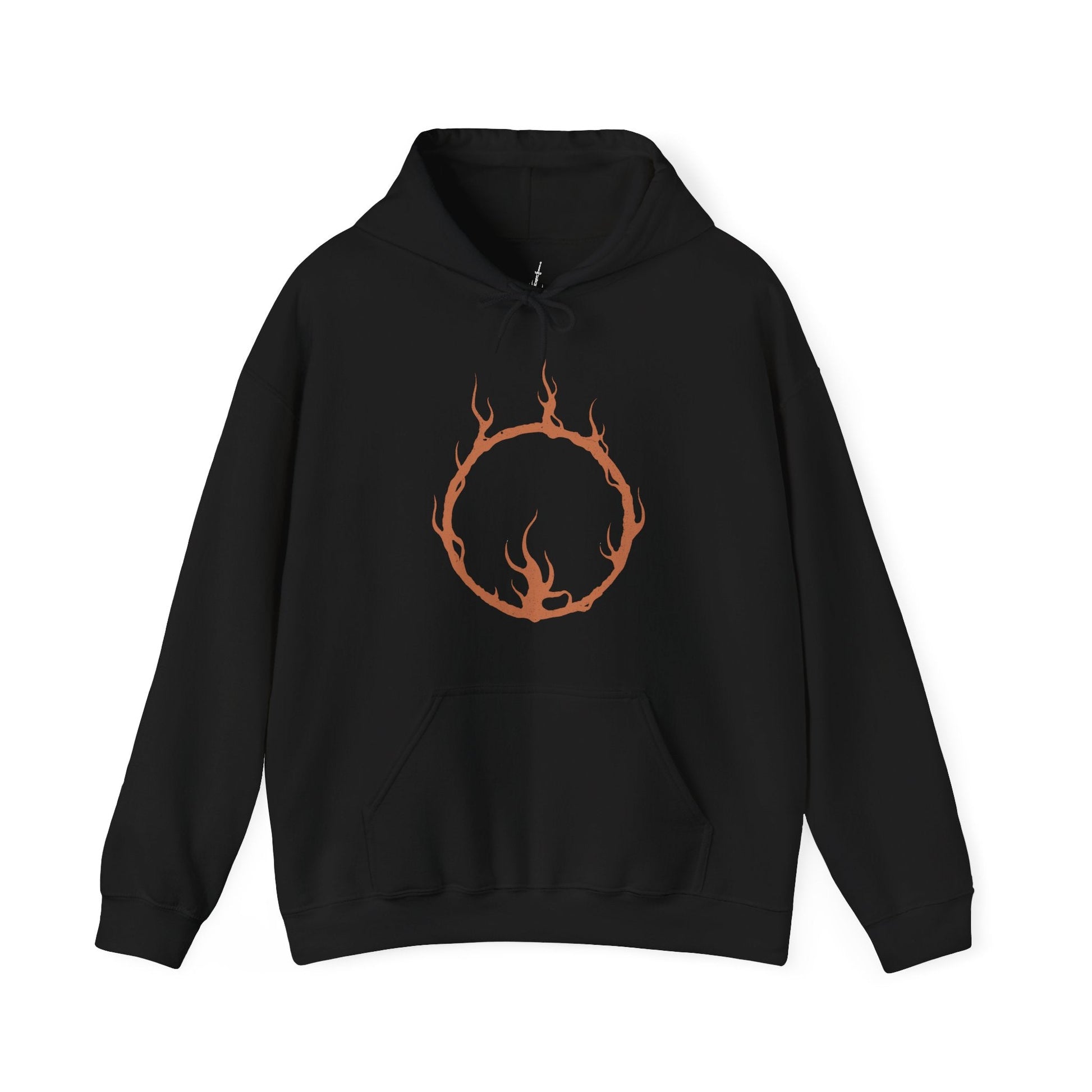 Image 4 of a Hooded Sweatshirt illustration of the Soul of Cinder advancing across the Kiln’s scorched landscape, blade blazing with fire while storms gather overhead. The fused essence of past champions radiates from its burning form, symbolizing the final guardian of the First Flame. The composition emphasizes destiny, despair, and the ultimate trial awaiting the Ashen One at the world’s end.