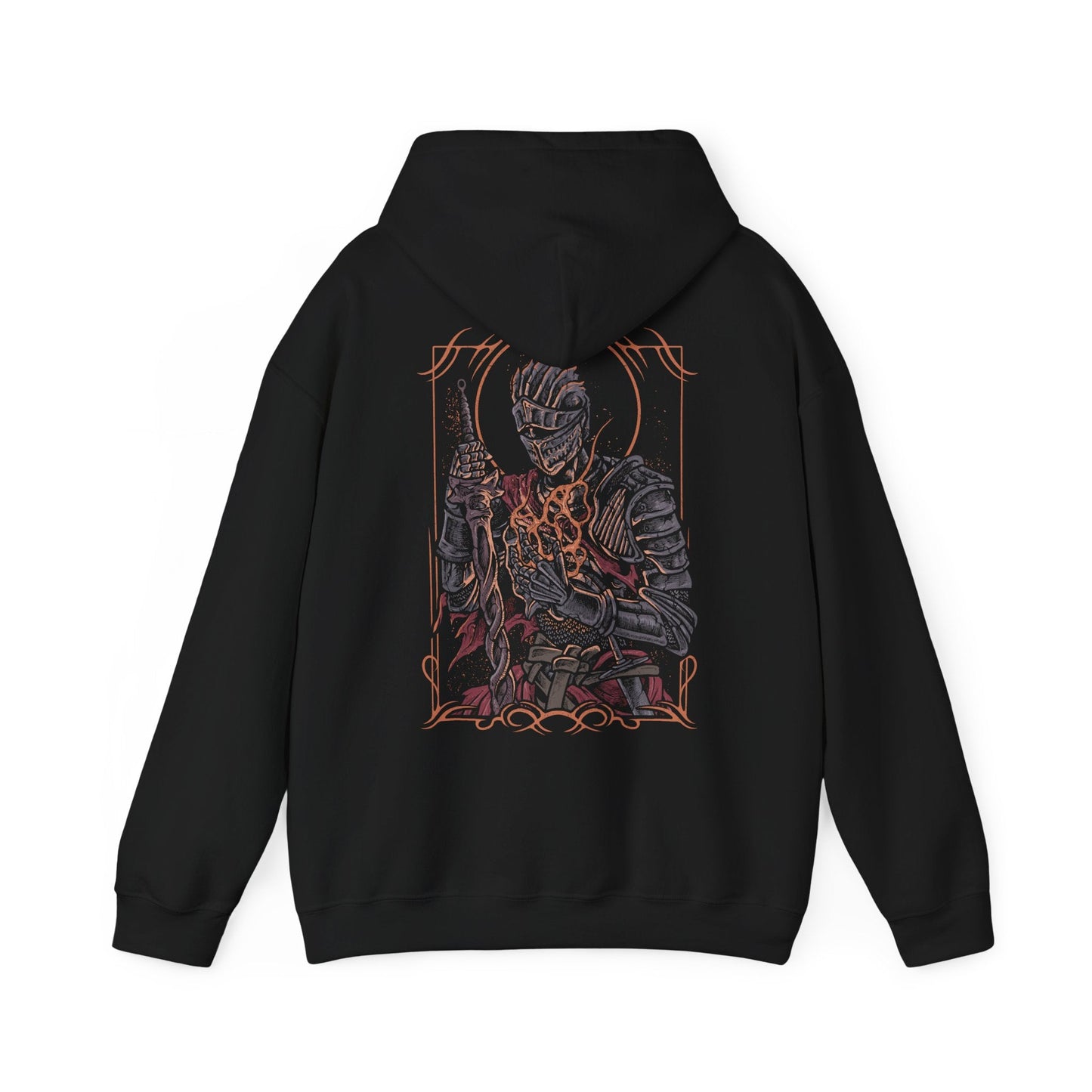 Image 5 of a Hooded Sweatshirt illustration of the Soul of Cinder advancing across the Kiln’s scorched landscape, blade blazing with fire while storms gather overhead. The fused essence of past champions radiates from its burning form, symbolizing the final guardian of the First Flame. The composition emphasizes destiny, despair, and the ultimate trial awaiting the Ashen One at the world’s end.