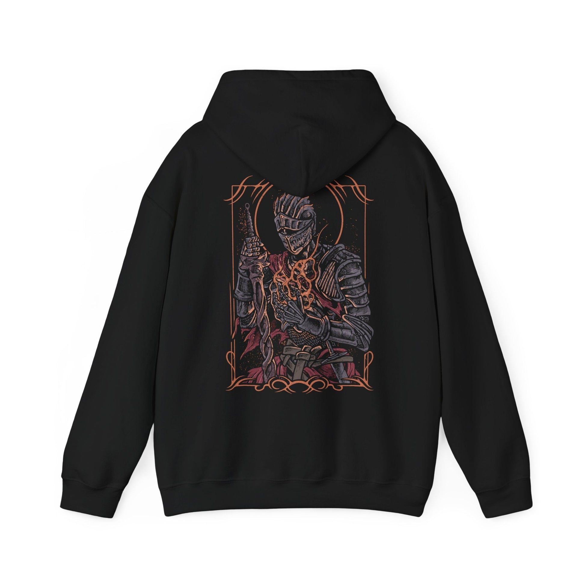Image 5 of a Hooded Sweatshirt illustration of the Soul of Cinder advancing across the Kiln’s scorched landscape, blade blazing with fire while storms gather overhead. The fused essence of past champions radiates from its burning form, symbolizing the final guardian of the First Flame. The composition emphasizes destiny, despair, and the ultimate trial awaiting the Ashen One at the world’s end.