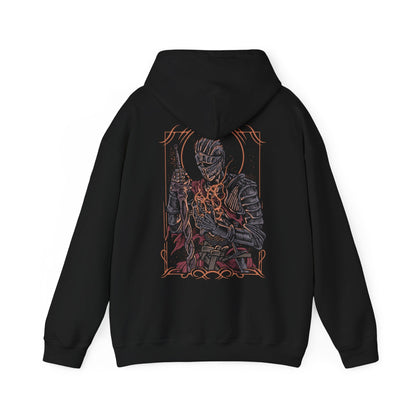 Image 5 of a Hooded Sweatshirt illustration of the Soul of Cinder advancing across the Kiln’s scorched landscape, blade blazing with fire while storms gather overhead. The fused essence of past champions radiates from its burning form, symbolizing the final guardian of the First Flame. The composition emphasizes destiny, despair, and the ultimate trial awaiting the Ashen One at the world’s end.