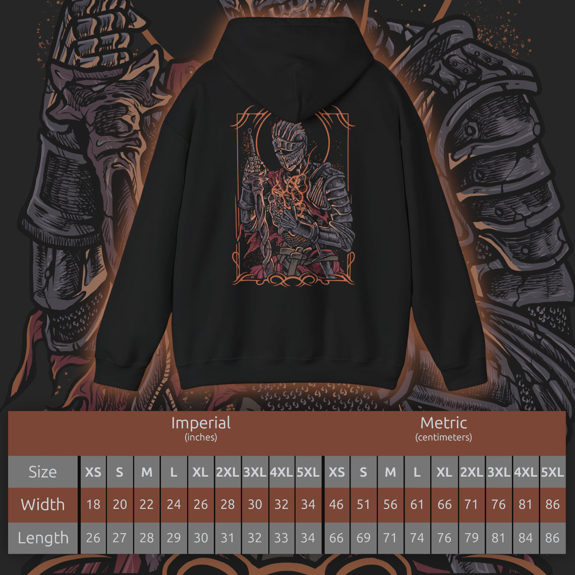 Size chart of a Hooded Sweatshirt illustration of the Soul of Cinder advancing across the Kiln’s scorched landscape, blade blazing with fire while storms gather overhead. The fused essence of past champions radiates from its burning form, symbolizing the final guardian of the First Flame. The composition emphasizes destiny, despair, and the ultimate trial awaiting the Ashen One at the world’s end.