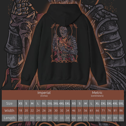 Size chart of a Hooded Sweatshirt illustration of the Soul of Cinder advancing across the Kiln’s scorched landscape, blade blazing with fire while storms gather overhead. The fused essence of past champions radiates from its burning form, symbolizing the final guardian of the First Flame. The composition emphasizes destiny, despair, and the ultimate trial awaiting the Ashen One at the world’s end.