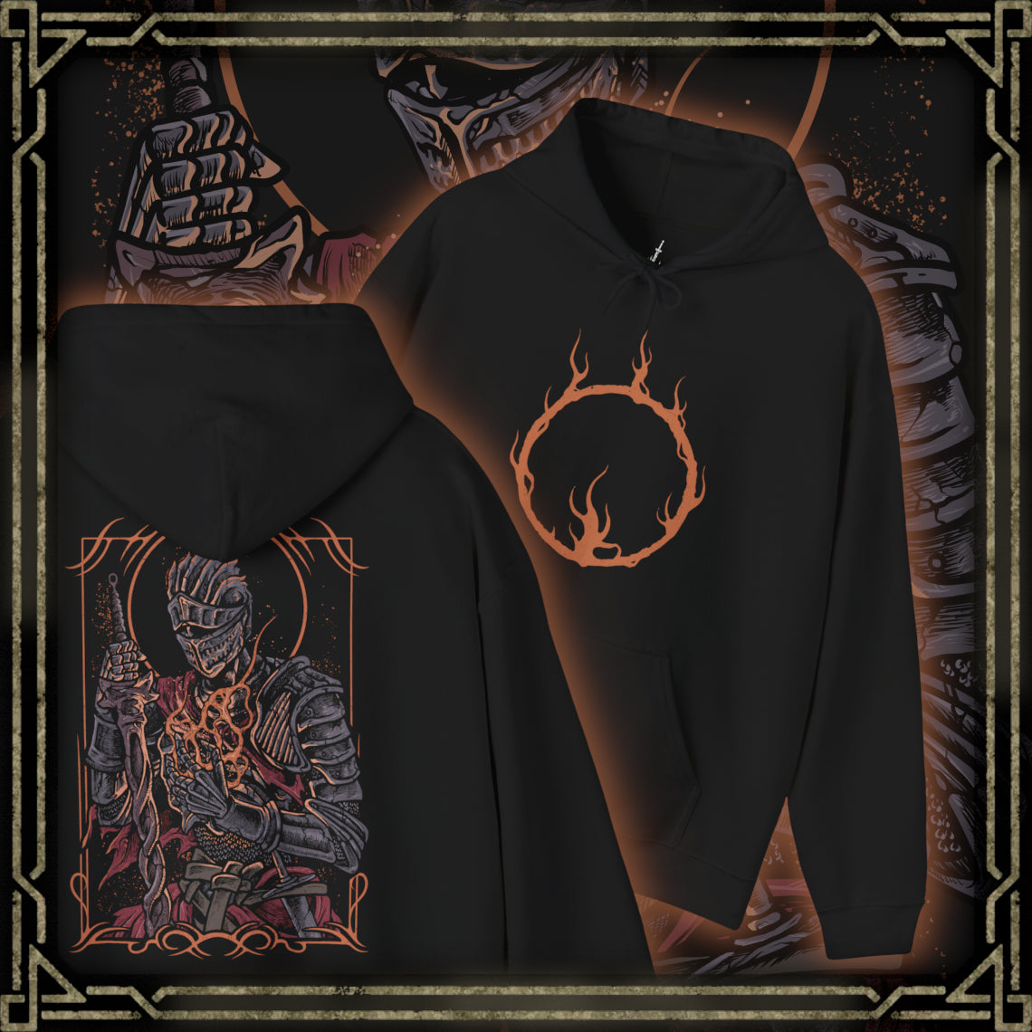 Thumbnail of a Hooded Sweatshirt illustration of the Soul of Cinder advancing across the Kiln’s scorched landscape, blade blazing with fire while storms gather overhead. The fused essence of past champions radiates from its burning form, symbolizing the final guardian of the First Flame. The composition emphasizes destiny, despair, and the ultimate trial awaiting the Ashen One at the world’s end.