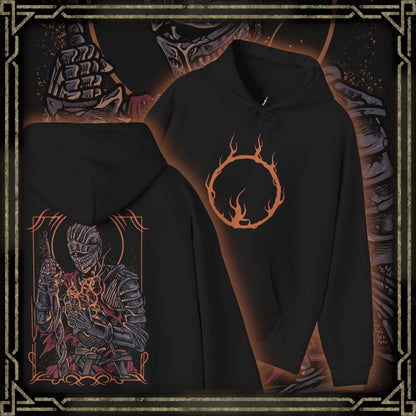 Thumbnail of a Hooded Sweatshirt illustration of the Soul of Cinder advancing across the Kiln’s scorched landscape, blade blazing with fire while storms gather overhead. The fused essence of past champions radiates from its burning form, symbolizing the final guardian of the First Flame. The composition emphasizes destiny, despair, and the ultimate trial awaiting the Ashen One at the world’s end.