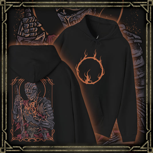 Thumbnail of a Hooded Sweatshirt illustration of the Soul of Cinder advancing across the Kiln’s scorched landscape, blade blazing with fire while storms gather overhead. The fused essence of past champions radiates from its burning form, symbolizing the final guardian of the First Flame. The composition emphasizes destiny, despair, and the ultimate trial awaiting the Ashen One at the world’s end.