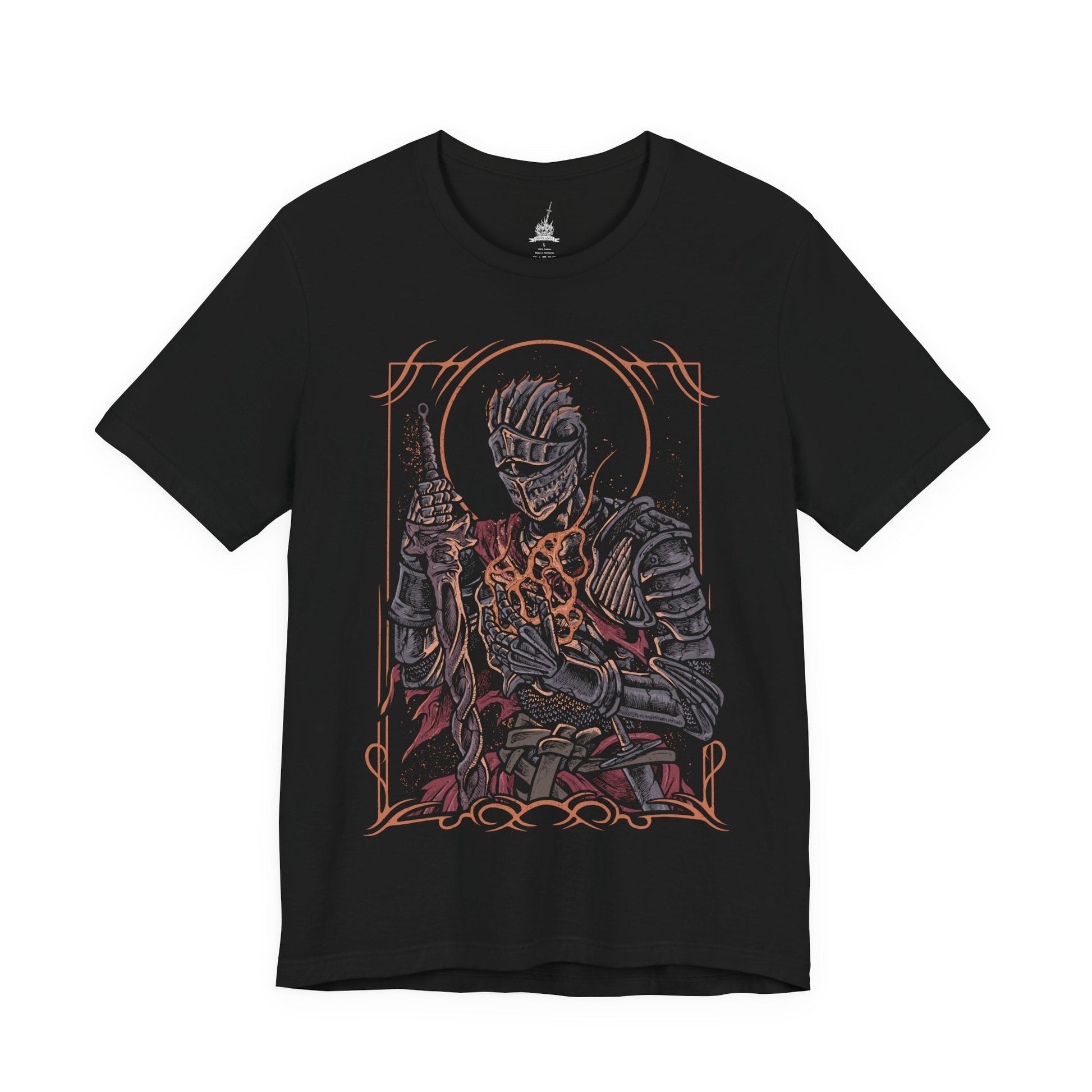Image 4 of a T-shirt design of the Soul of Cinder from Dark Souls III, standing amid the Kiln of the First Flame as ash swirls through a dying sky. Its armor burns with embers while shifting stances reflect the countless Lords of Cinder who linked the fire before. The design captures the culmination of the Age of Fire, embodying every warrior who sacrificed themselves to prolong a fading world.