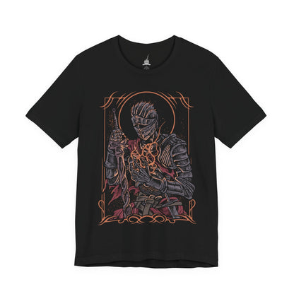 Image 4 of a T-shirt design of the Soul of Cinder from Dark Souls III, standing amid the Kiln of the First Flame as ash swirls through a dying sky. Its armor burns with embers while shifting stances reflect the countless Lords of Cinder who linked the fire before. The design captures the culmination of the Age of Fire, embodying every warrior who sacrificed themselves to prolong a fading world.