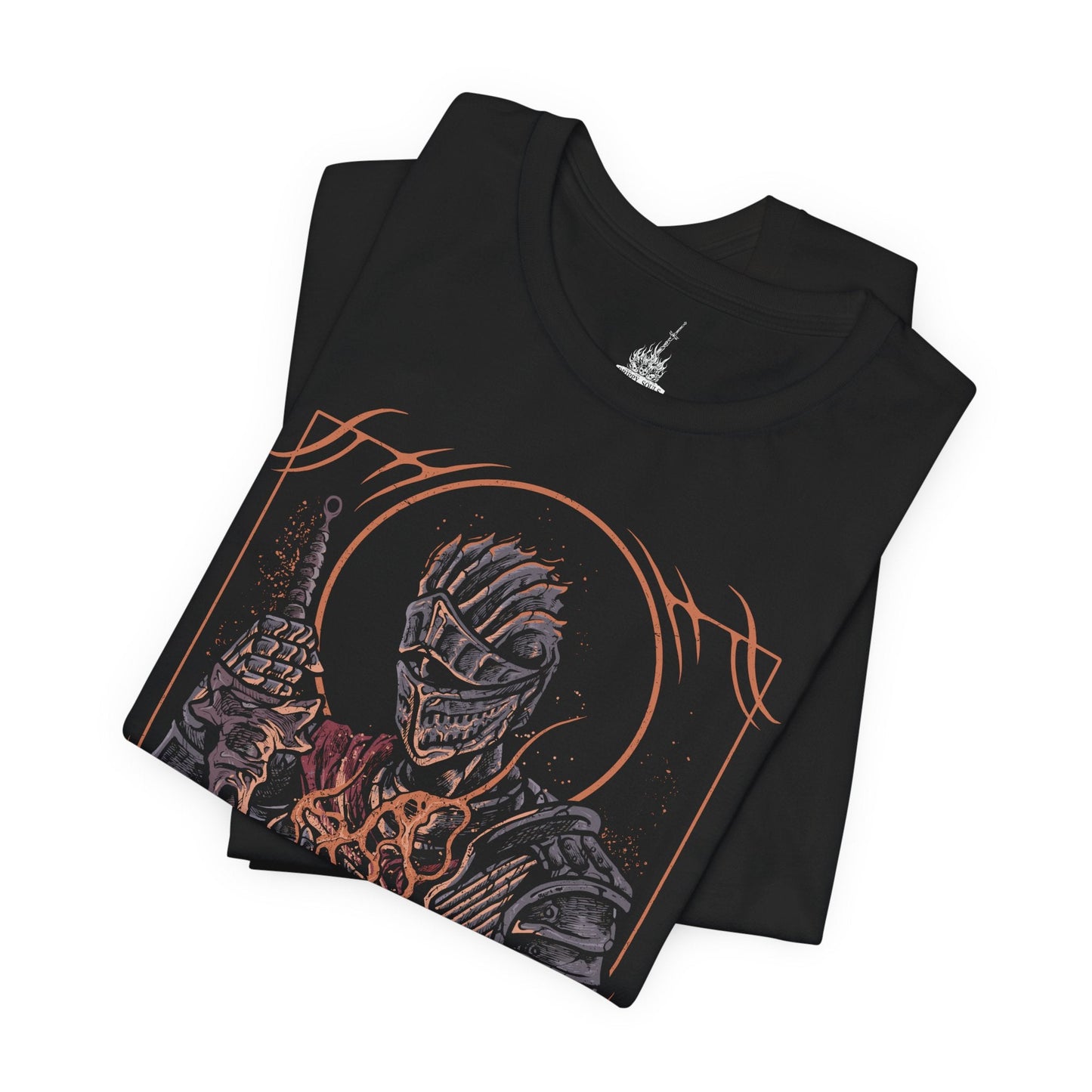 Image 5 of a T-shirt design of the Soul of Cinder from Dark Souls III, standing amid the Kiln of the First Flame as ash swirls through a dying sky. Its armor burns with embers while shifting stances reflect the countless Lords of Cinder who linked the fire before. The design captures the culmination of the Age of Fire, embodying every warrior who sacrificed themselves to prolong a fading world.