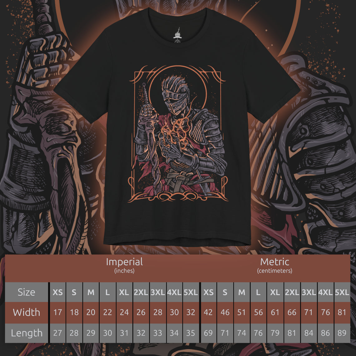 Size chart of a T-shirt design of the Soul of Cinder from Dark Souls III, standing amid the Kiln of the First Flame as ash swirls through a dying sky. Its armor burns with embers while shifting stances reflect the countless Lords of Cinder who linked the fire before. The design captures the culmination of the Age of Fire, embodying every warrior who sacrificed themselves to prolong a fading world.