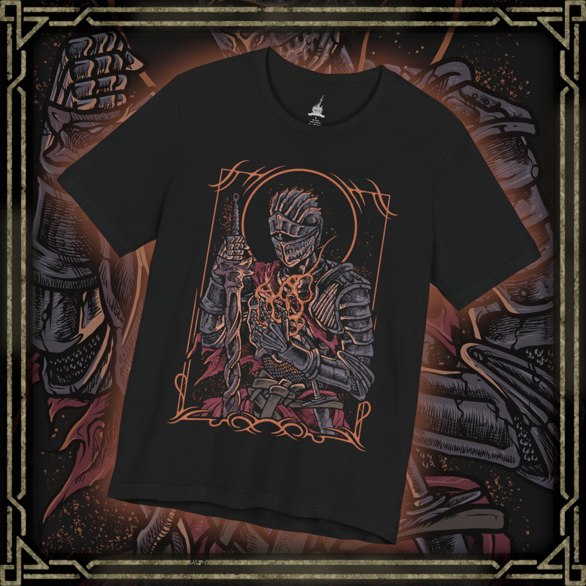 Thumbnail of a T-shirt design of the Soul of Cinder from Dark Souls III, standing amid the Kiln of the First Flame as ash swirls through a dying sky. Its armor burns with embers while shifting stances reflect the countless Lords of Cinder who linked the fire before. The design captures the culmination of the Age of Fire, embodying every warrior who sacrificed themselves to prolong a fading world.