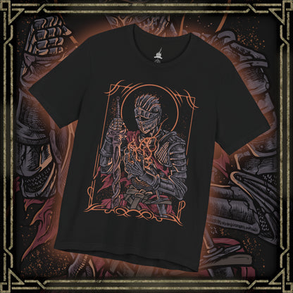 Thumbnail of a T-shirt design of the Soul of Cinder from Dark Souls III, standing amid the Kiln of the First Flame as ash swirls through a dying sky. Its armor burns with embers while shifting stances reflect the countless Lords of Cinder who linked the fire before. The design captures the culmination of the Age of Fire, embodying every warrior who sacrificed themselves to prolong a fading world.