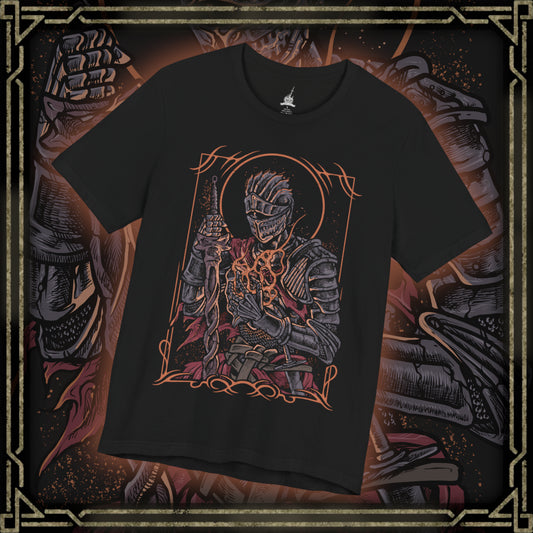 Thumbnail of a T-shirt design of the Soul of Cinder from Dark Souls III, standing amid the Kiln of the First Flame as ash swirls through a dying sky. Its armor burns with embers while shifting stances reflect the countless Lords of Cinder who linked the fire before. The design captures the culmination of the Age of Fire, embodying every warrior who sacrificed themselves to prolong a fading world.