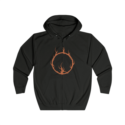 Image 4 of a Zip-up Hooded Sweatshirt featuring the Soul of Cinder from Dark Souls III, the culmination of countless champions who sacrificed themselves to link the First Flame. No longer a single warrior, but a fusion of fading legends, its form shifts between fighting styles, echoing the strength of those who came before.