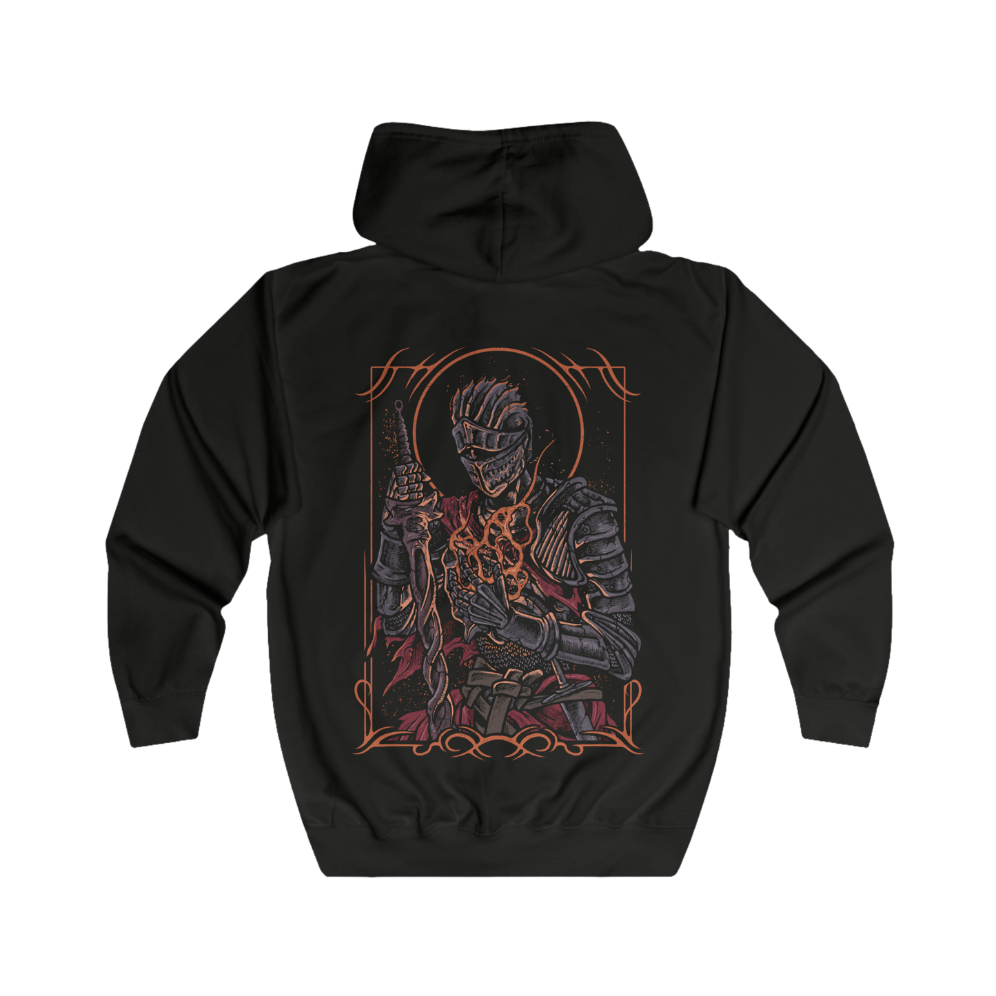 Folded Zip-up Hooded Sweatshirt featuring the Soul of Cinder from Dark Souls III, the culmination of countless champions who sacrificed themselves to link the First Flame. No longer a single warrior, but a fusion of fading legends, its form shifts between fighting styles, echoing the strength of those who came before.